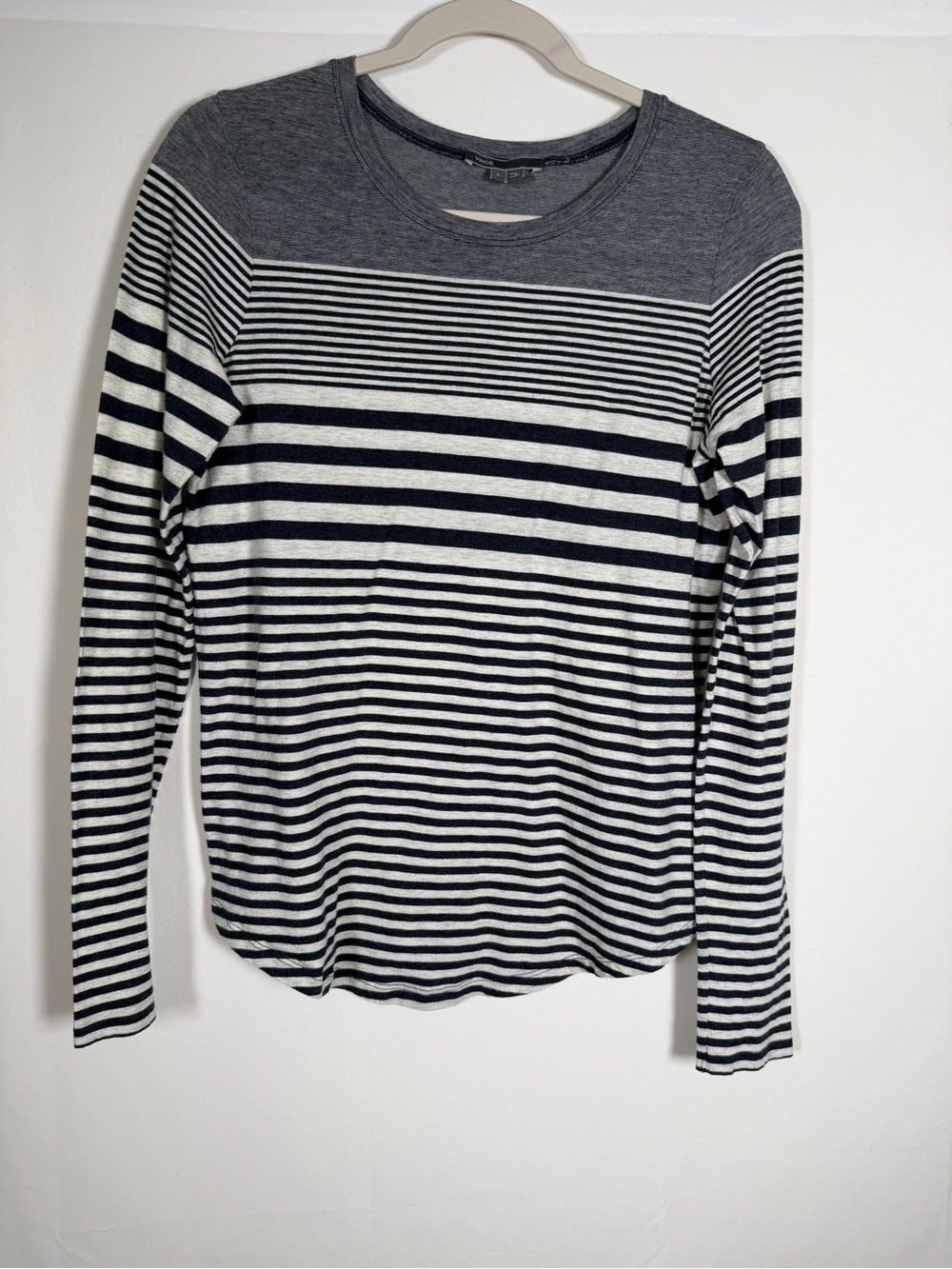 Vince Long Sleeve Striped Crewneck Shirt - Navy & Gray, Nautical, Preppy